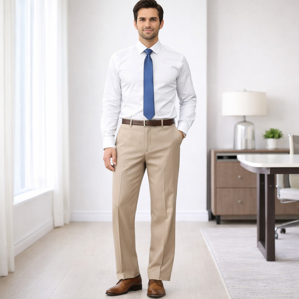 NWT Mens Dress Pants 36x32 Tan Expandable Waist Office Work Slacks Career New
